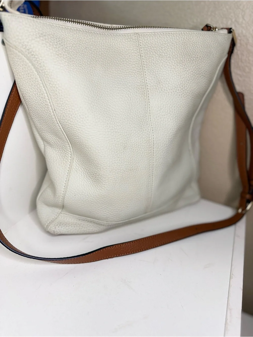 Bostanten Cream White Hobo Crossbody Bag Cognac Brown Gold Hardware Pebbled Bag.